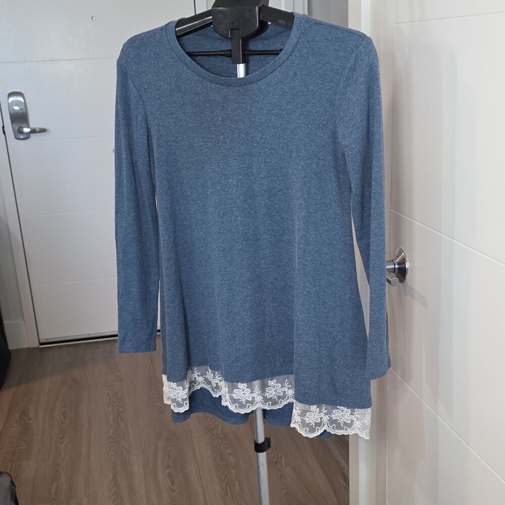 Women’s Blue Solid Round Neck Long Sleeve Pullover Jersey Tunic Top Lace Hem S